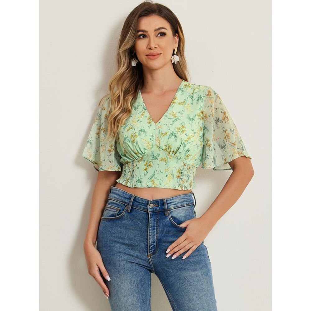 Floral Flare Short Sleeve V Neck Summer Smocked Crop Tops Green - Picture 3 of 6